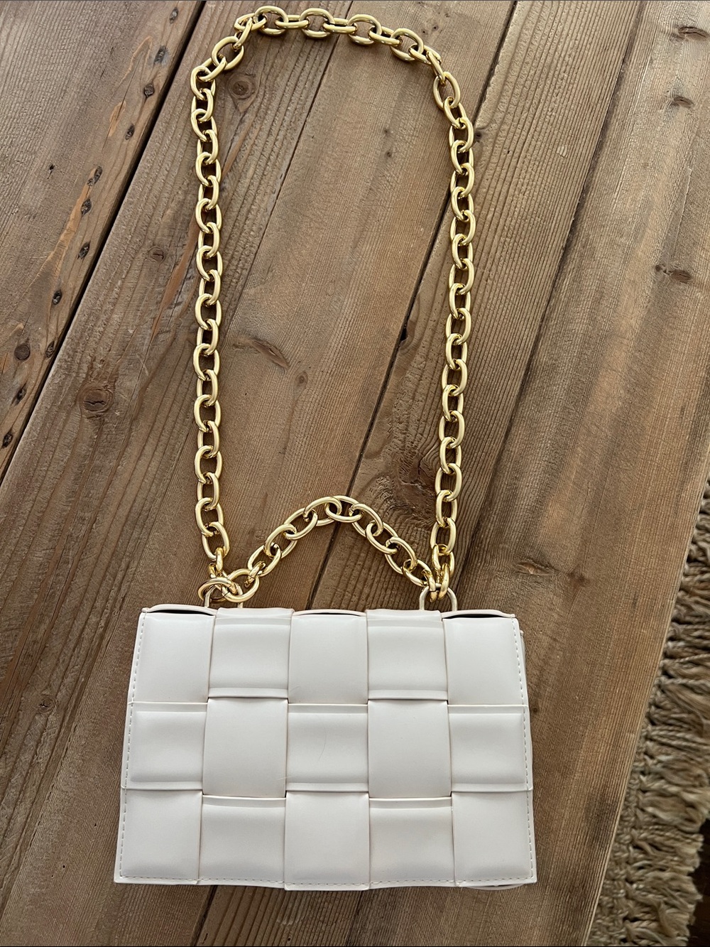 Off White Woven Shoulder Bag with Gold Chain